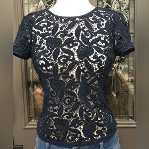 Juicy Couture Navy Guipuere Lace Short Sleeve Top